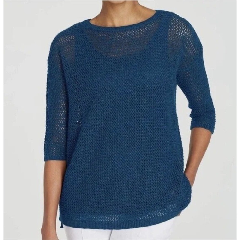 J. Jill Blue Open Knit Mesh Sweater 3/4 Sleeve Pullover Womens Small